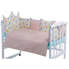 Детская постель Babyroom Classic Bortiki-01 (6 элементов)  бирюза-бежевый-белый (лесные звери)